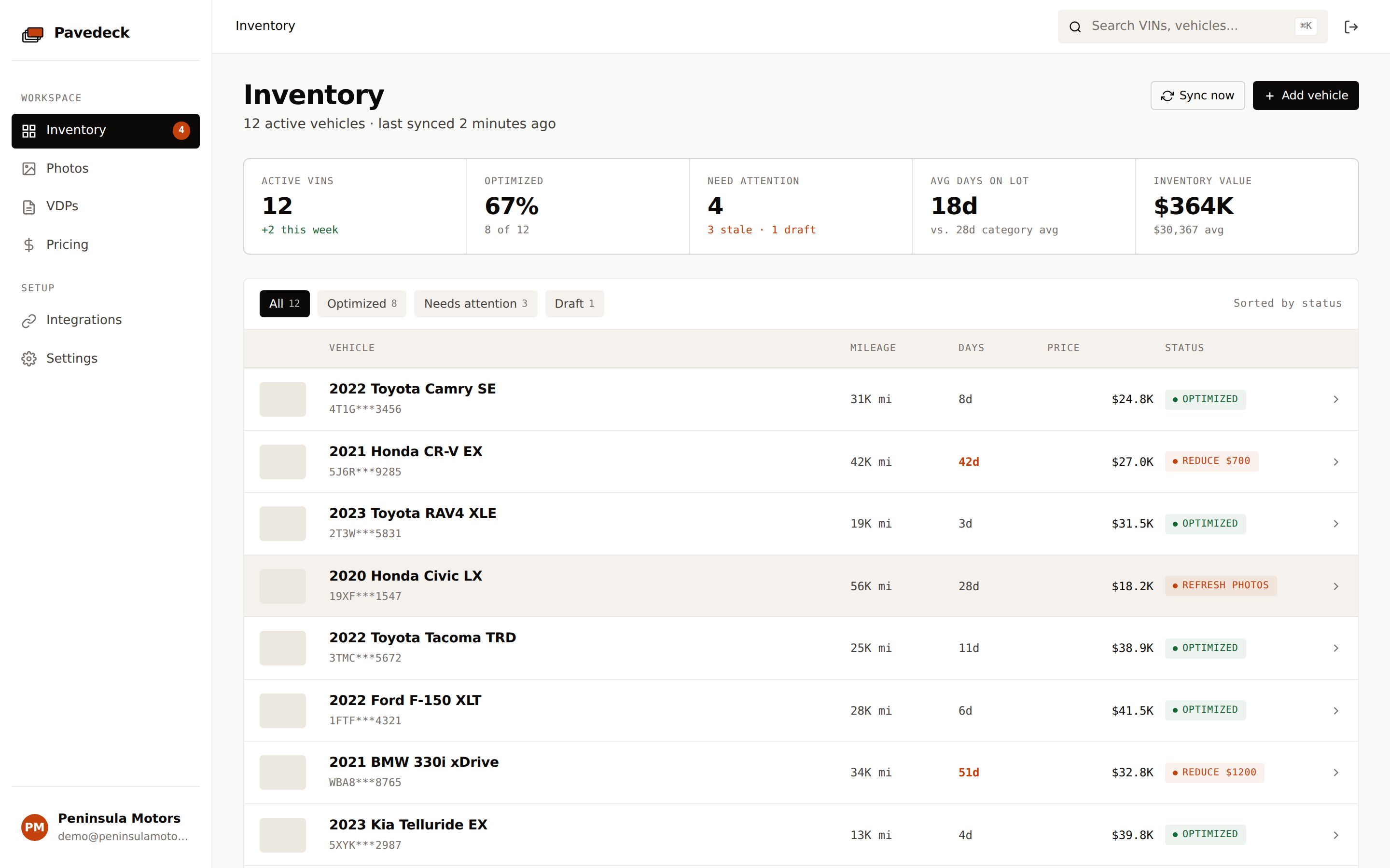 Pavedeck inventory dashboard with 12 vehicles, status pills, and stat row