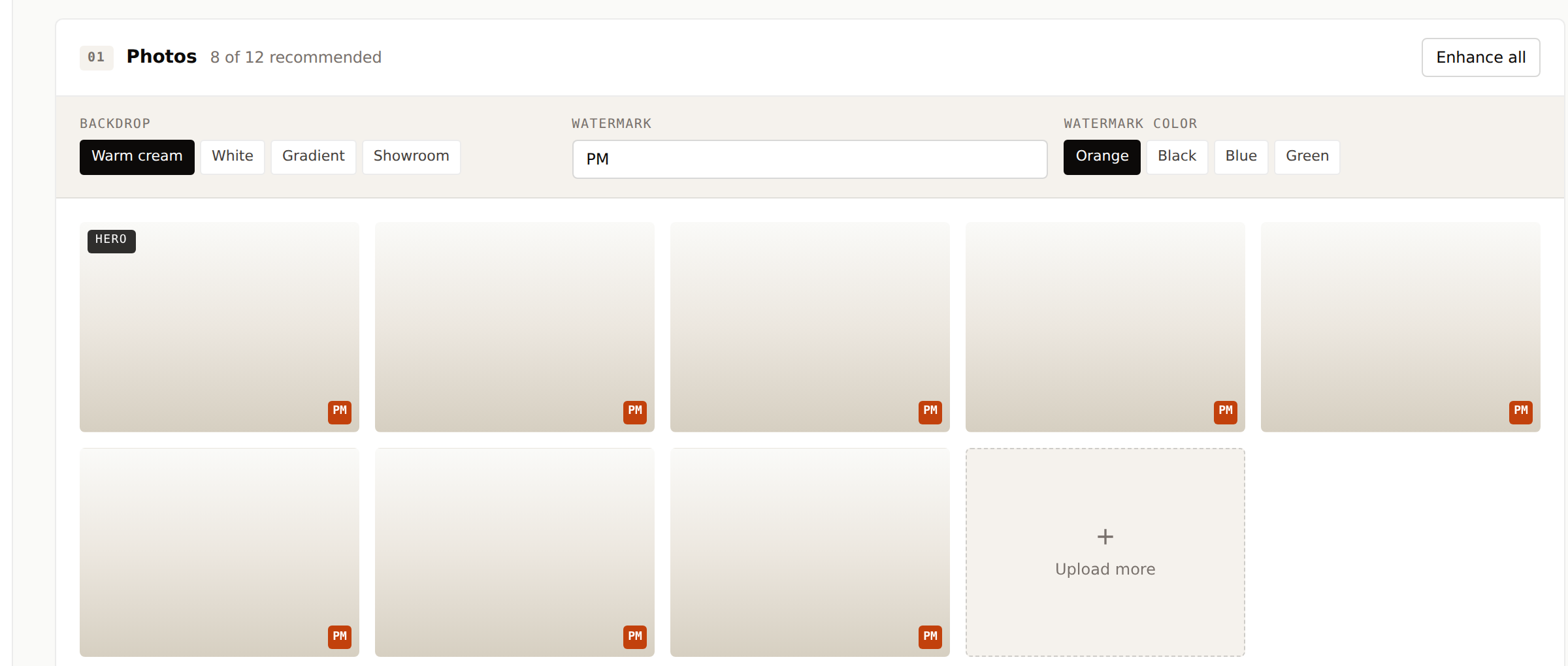 Photo enhancement panel: backdrop selector, watermark config, 8-tile grid with hero badge