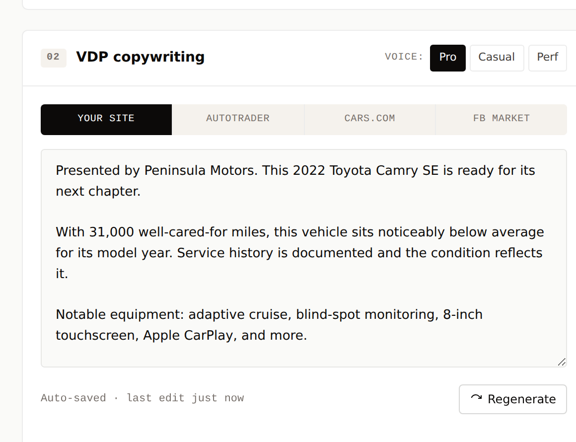 VDP copywriting card: voice selector (Pro/Casual/Perf), channel tabs (Your site, AutoTrader, Cars.com, FB Market), generated copy